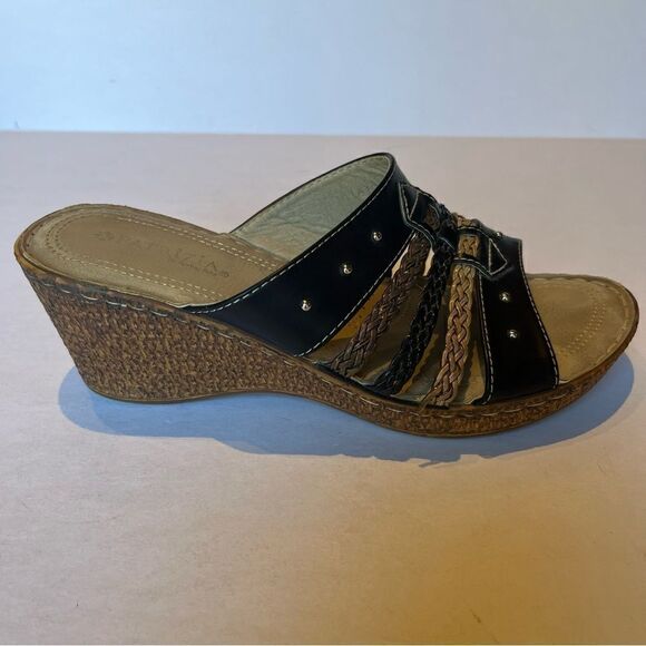 Patrizia Sandals by Spring Step Size 8.5/39 Black/Tan Braided Slip On Wedge - Picture 3 of 9
